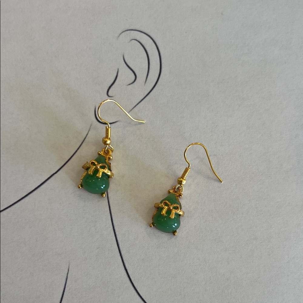 Green Jade Drop Earrings Gold Tone Dainty Abundance Luck Stone Jewelry